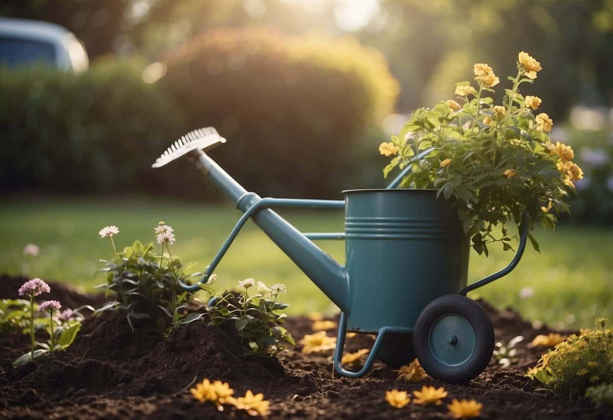 A garden rake clears leaves. Pruning shears trim bushes. A watering can nourishes flowers. A wheelbarrow carries debris