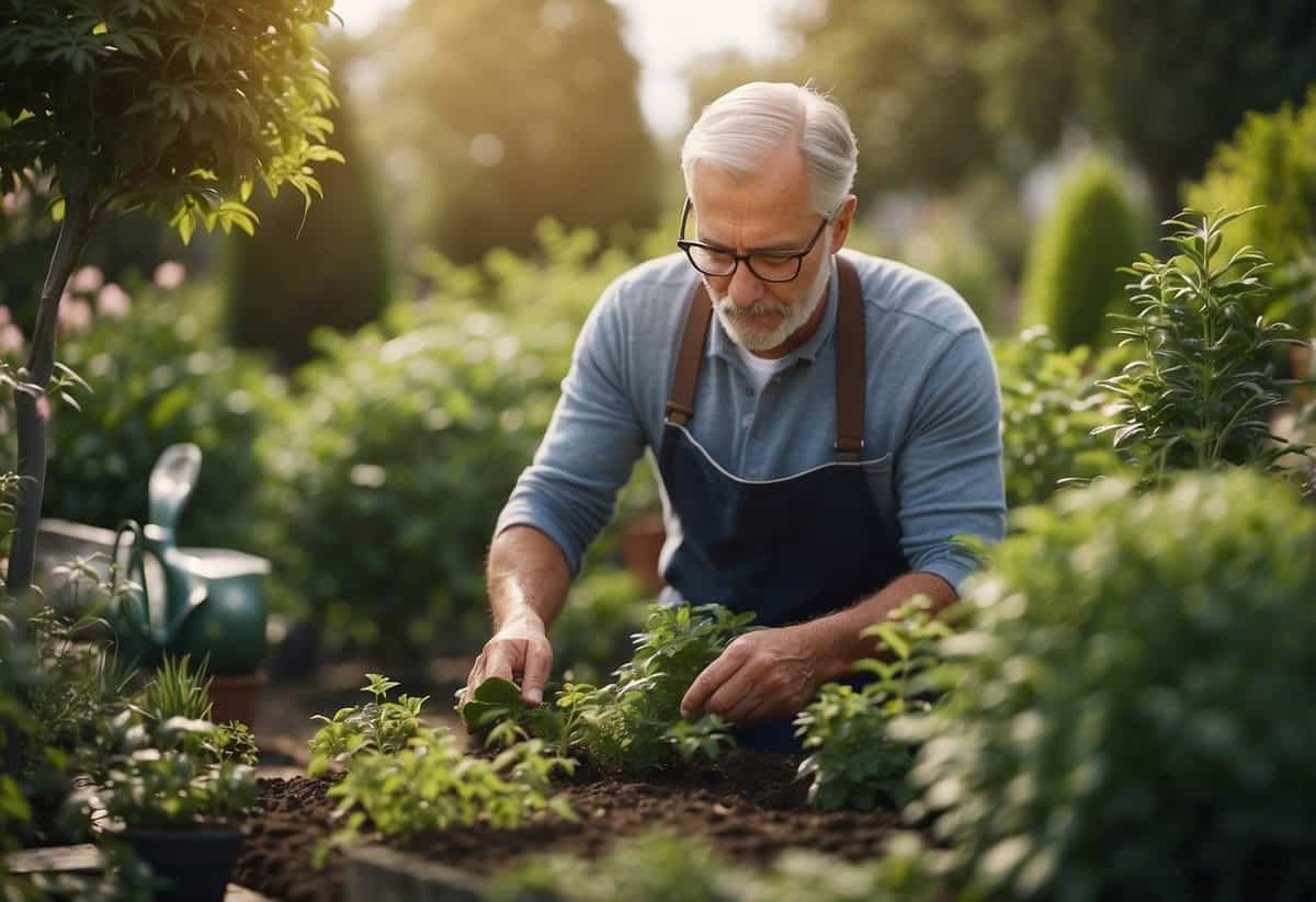 A garden with healthy plants, free from pests and weeds. A gardener applying natural solutions. Pruning and tending to plants