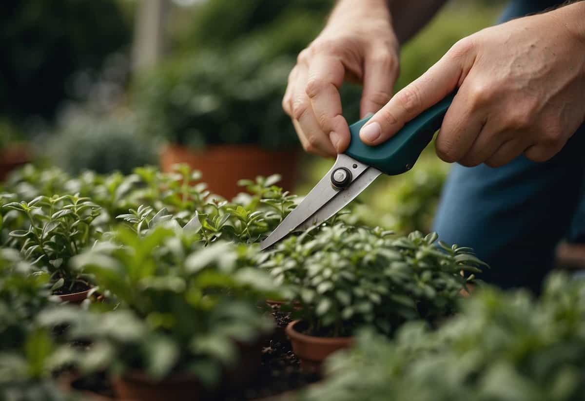 A person carefully snips a small cutting from a plant in a garden in the UK