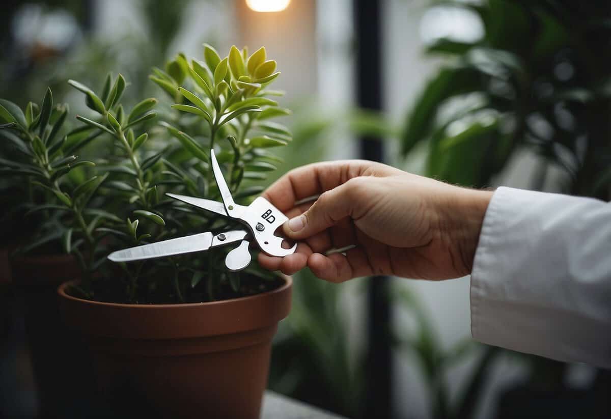 A person holding scissors near a plant with a "Do Not Disturb" sign