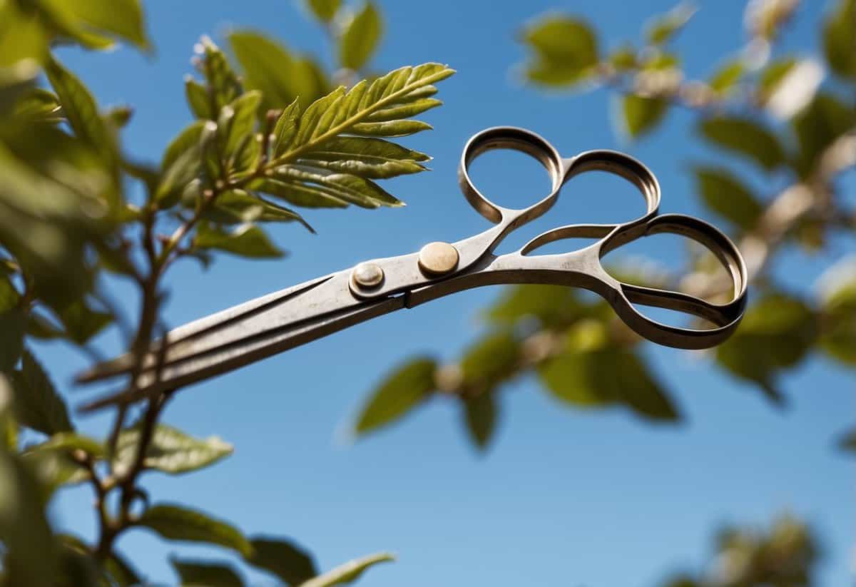 A pair of scissors cutting a small branch from a plant in a garden. The plant is surrounded by other plants and flowers, with a clear blue sky in the background