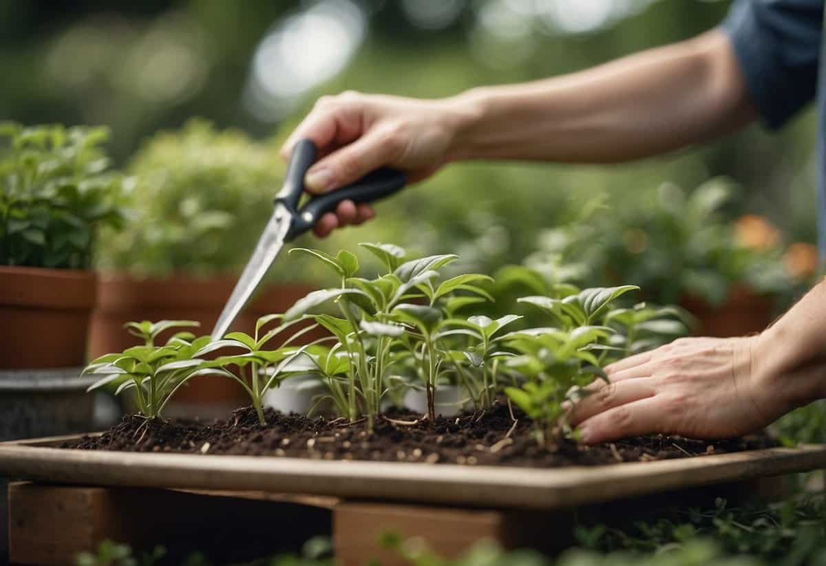 A person carefully pruning plant cuttings in a garden, surrounded by books on UK plant laws and sustainable gardening practices