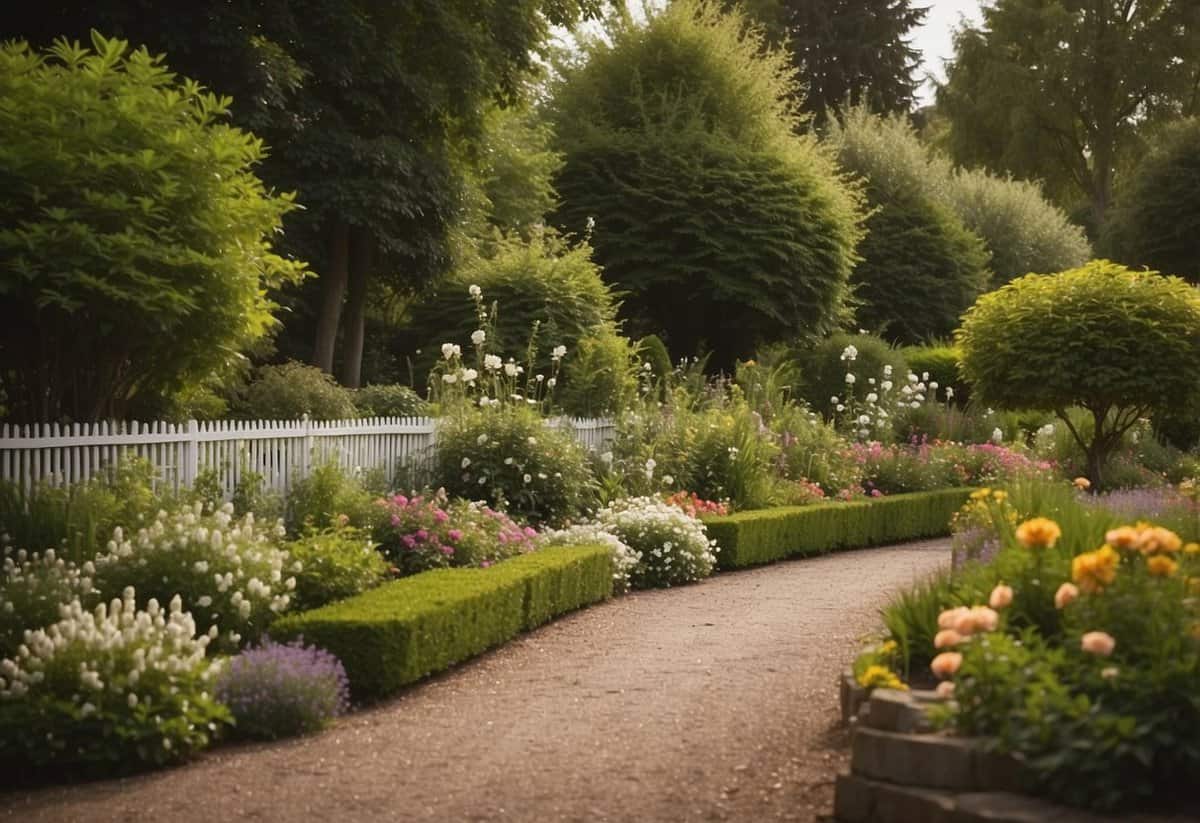 Lush garden with blooming flowers and mature trees, bordered by a neatly trimmed fence. A "For Sale" sign is displayed in the front yard