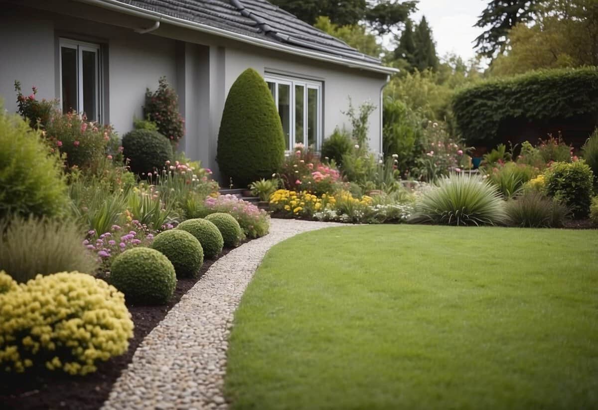 A garden with neatly arranged plants and flowers, a freshly mowed lawn, and a clean pathway leading to the house