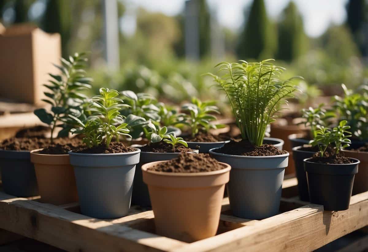 Plants being dug up and carefully placed in pots. A sold sign in the background. Moving boxes stacked nearby