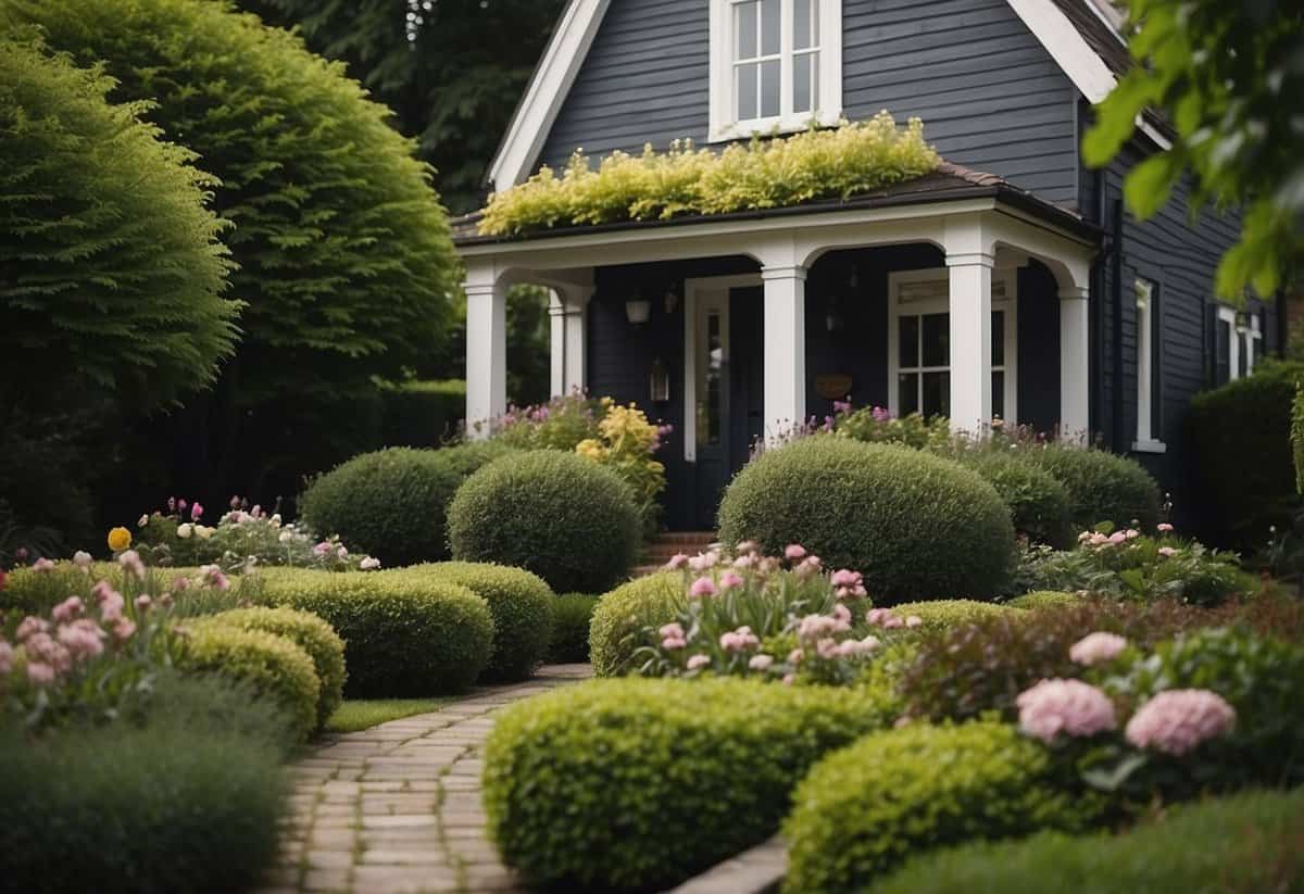 A lush garden with blooming flowers and neatly trimmed hedges surrounds a charming house, adding to its curb appeal