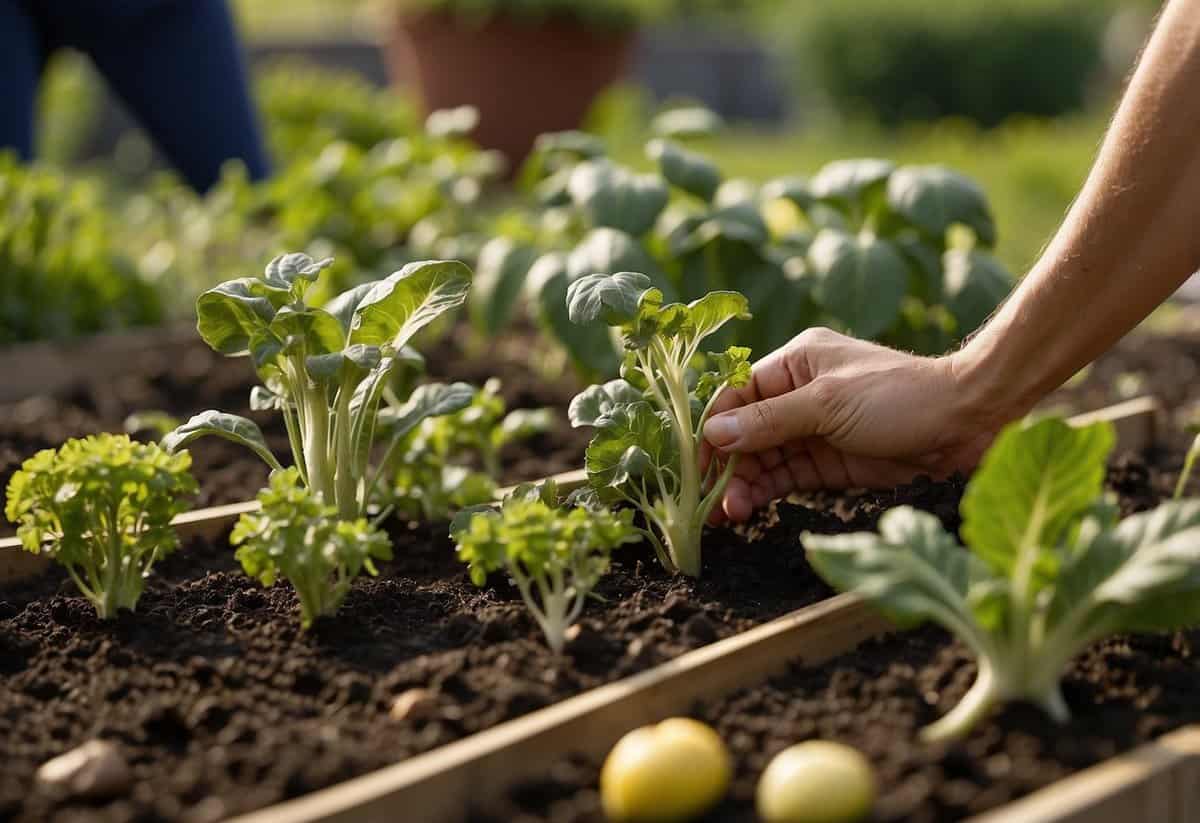 A person tending to a garden, with various vegetables growing in the background. A sign or label indicating the UK, with a question mark next to it