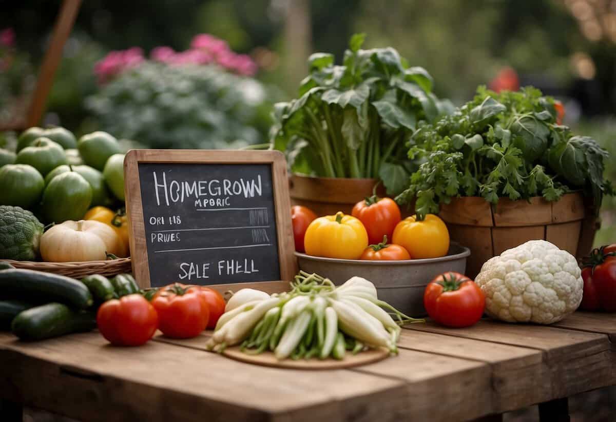 A table is set with freshly picked vegetables, a scale, and price tags. A sign reads "Homegrown Produce for Sale" in a garden setting