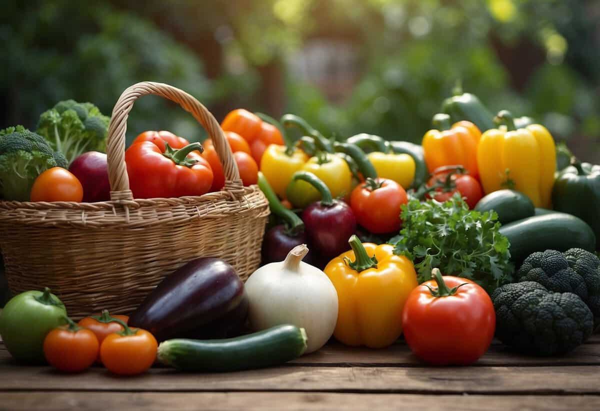 A variety of fresh vegetables from a garden arranged on a rustic wooden table, with colorful produce spilling out of woven baskets and an inviting sign advertising the offerings