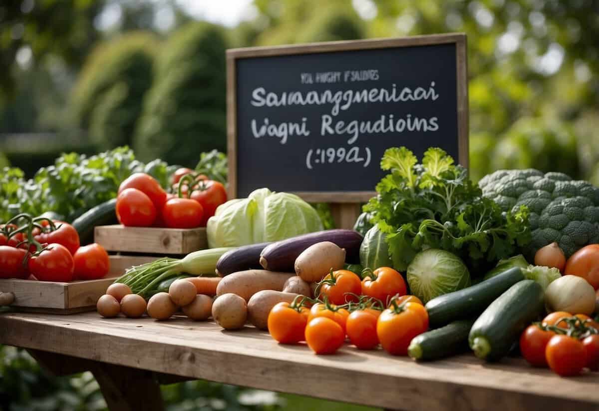 A garden with a variety of fresh vegetables neatly arranged on a table, with a sign indicating compliance with UK regulations and best practices for selling produce