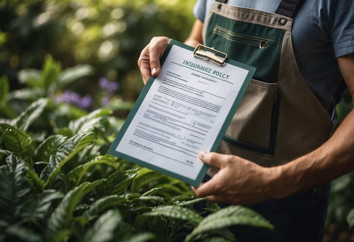 A gardener holds an insurance policy document while inspecting tools and equipment in a lush garden setting