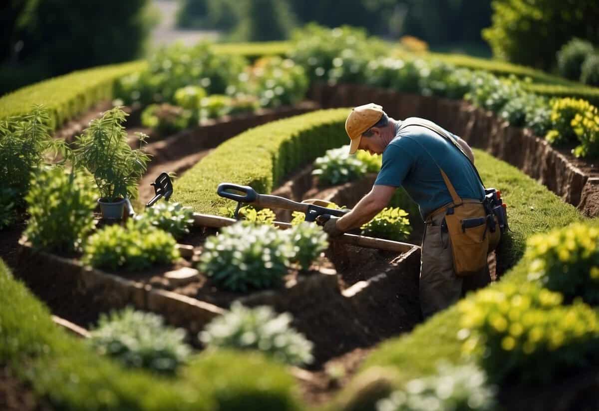 A gardener navigates a maze of tools, plants, and uneven terrain, with a sign warning of potential risks and liabilities