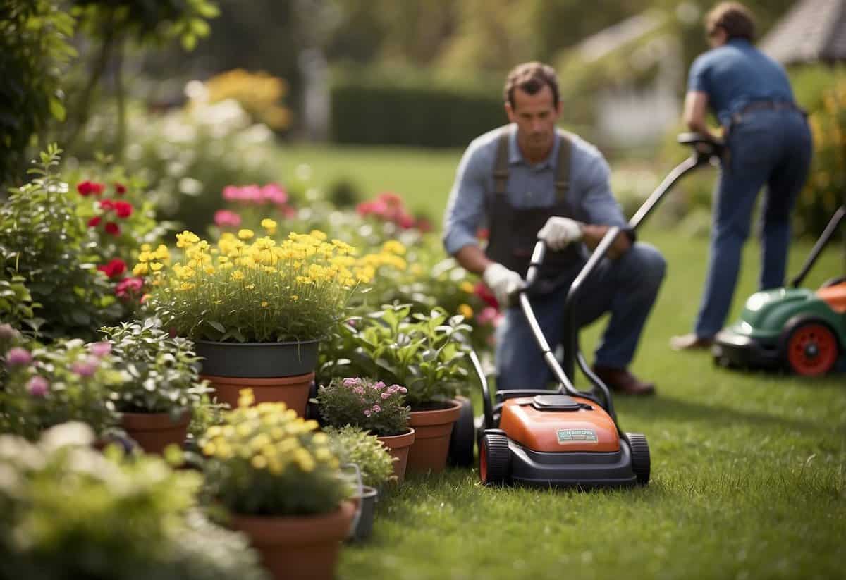 Gardeners tending to plants, mowing lawns, and using power tools. A sign displaying "Insurance Coverage for Gardening Activities" in the background