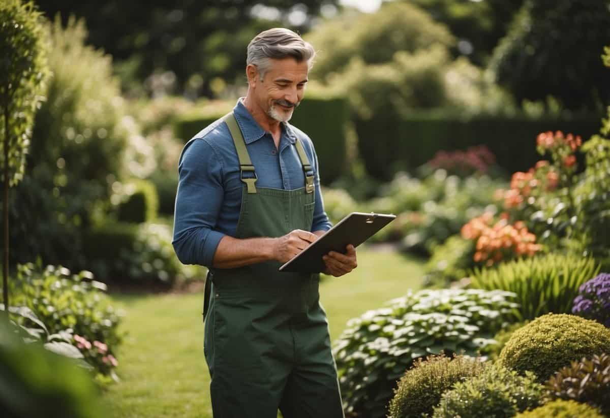 A gardener holds a clipboard, discussing insurance with a client in a lush garden. A lawnmower and gardening tools are visible in the background