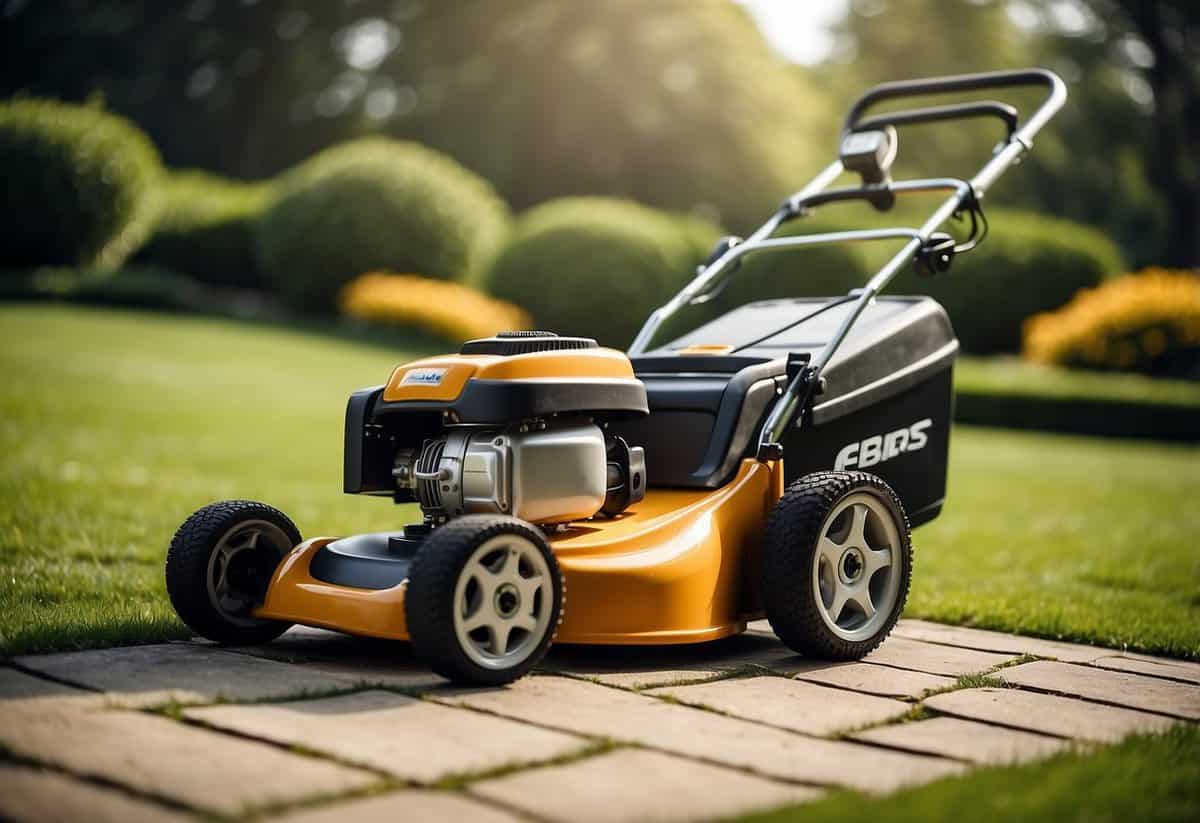 A lawn mower cutting grass in a neatly manicured garden, with a price list or invoice nearby