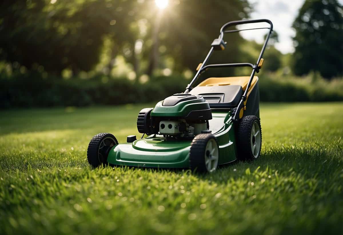 A lawnmower cutting through a lush green lawn in the UK, with a schedule and pricing chart in the background