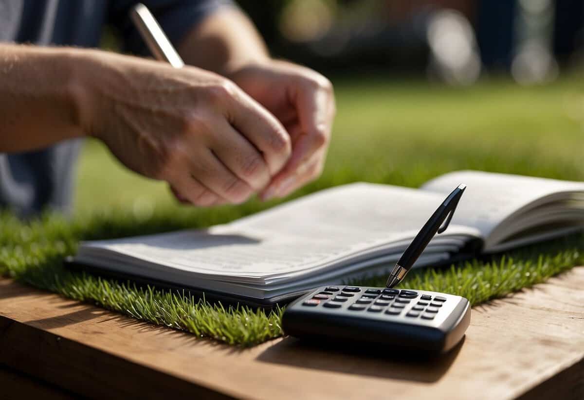 A person comparing quotes for grass cutting in the UK, with a pen and paper, surrounded by various price lists and a calculator