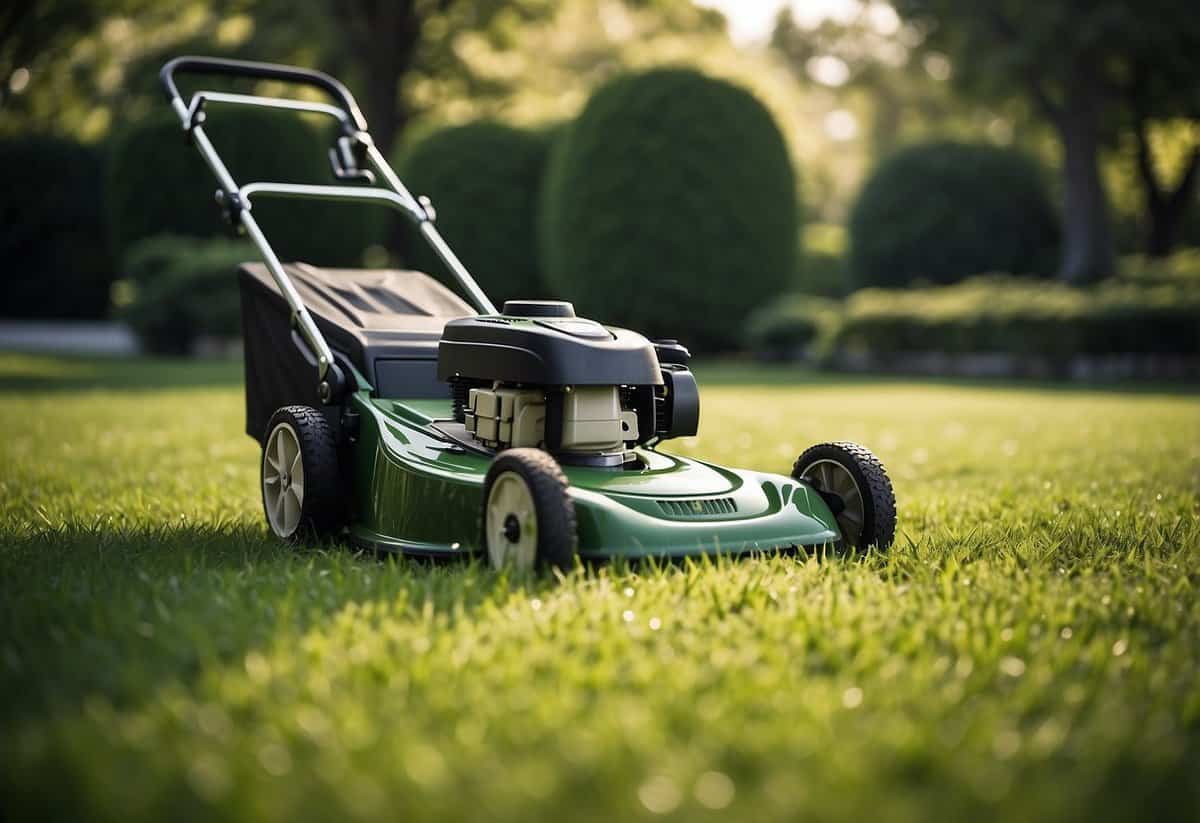 A lawnmower cutting through a lush green lawn, with a neatly trimmed edge and a tidy finish