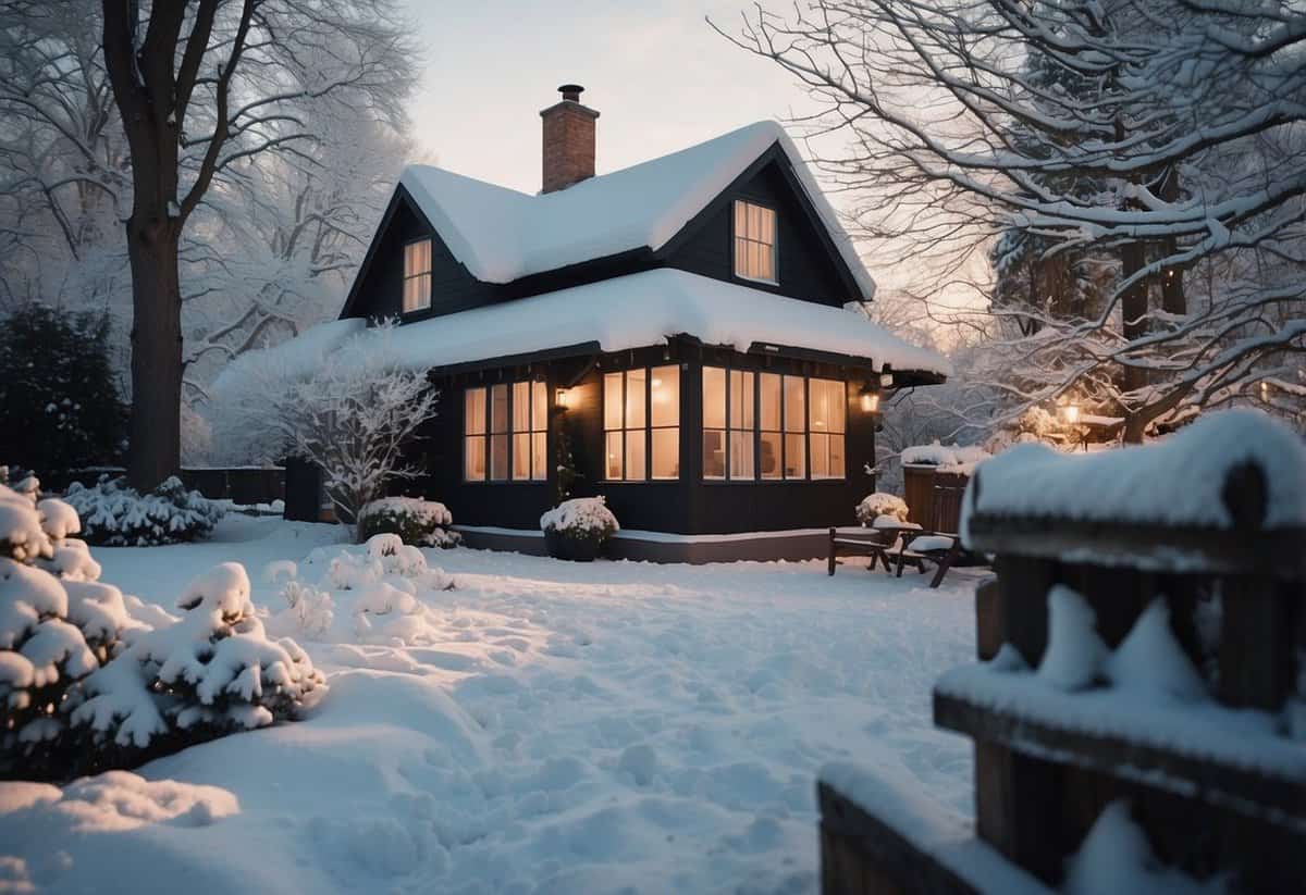 A snow-covered garden with a cozy winter scene, featuring a quaint cottage with smoke rising from the chimney, surrounded by bare trees and a blanket of snow