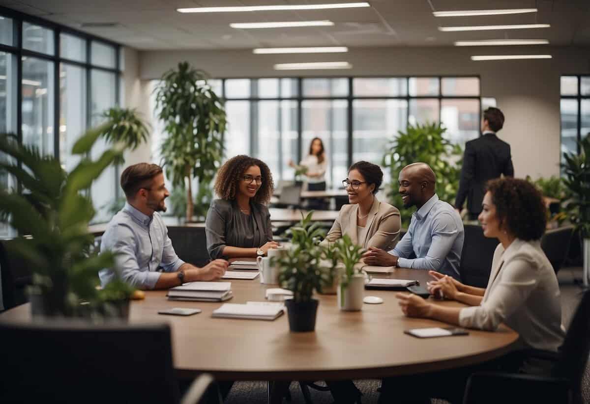 A bustling office environment with employees discussing career growth and salary at Winter Garden