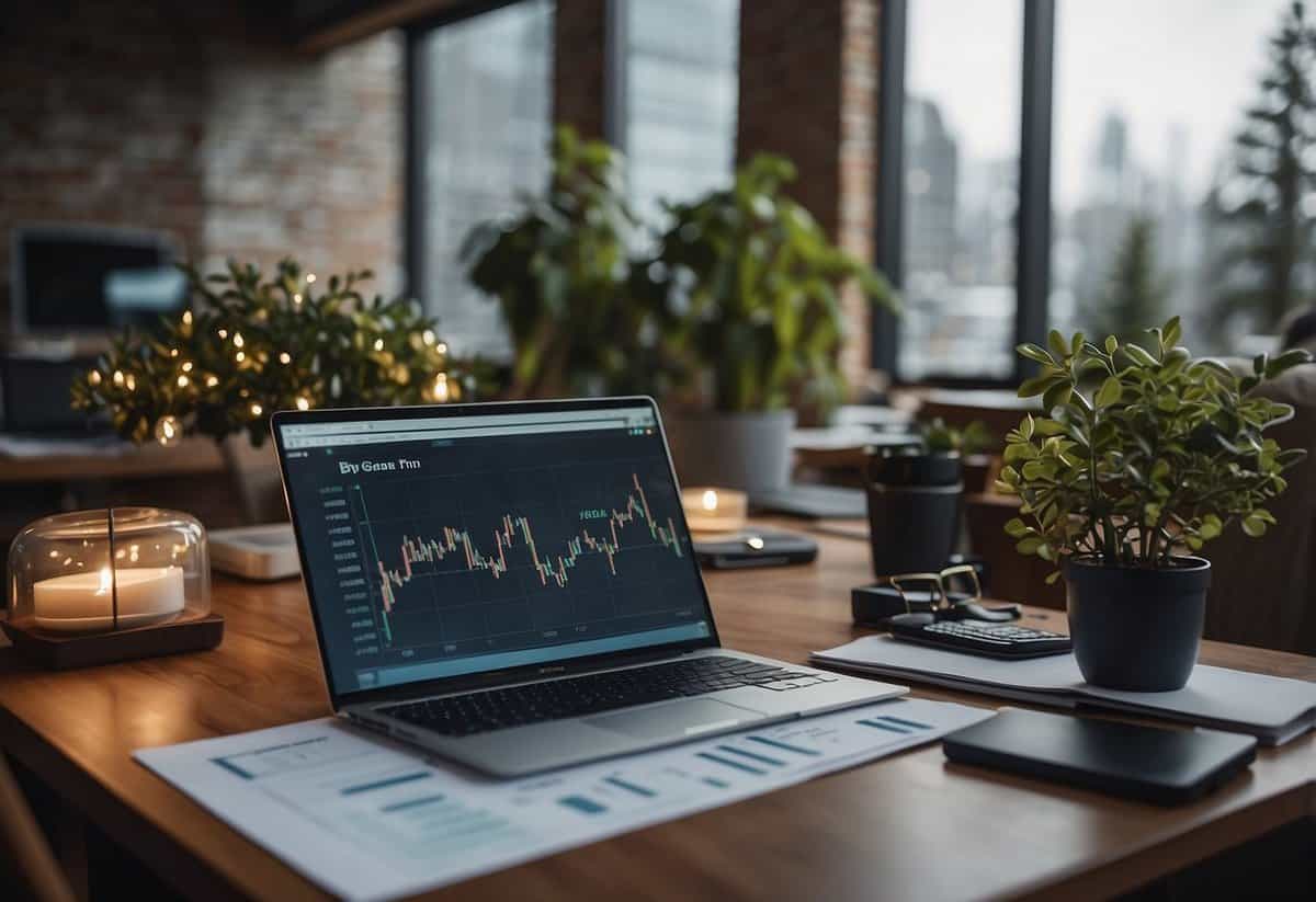 A winter garden with a desk, computer, and financial charts. A paycheck on the desk with dollar signs