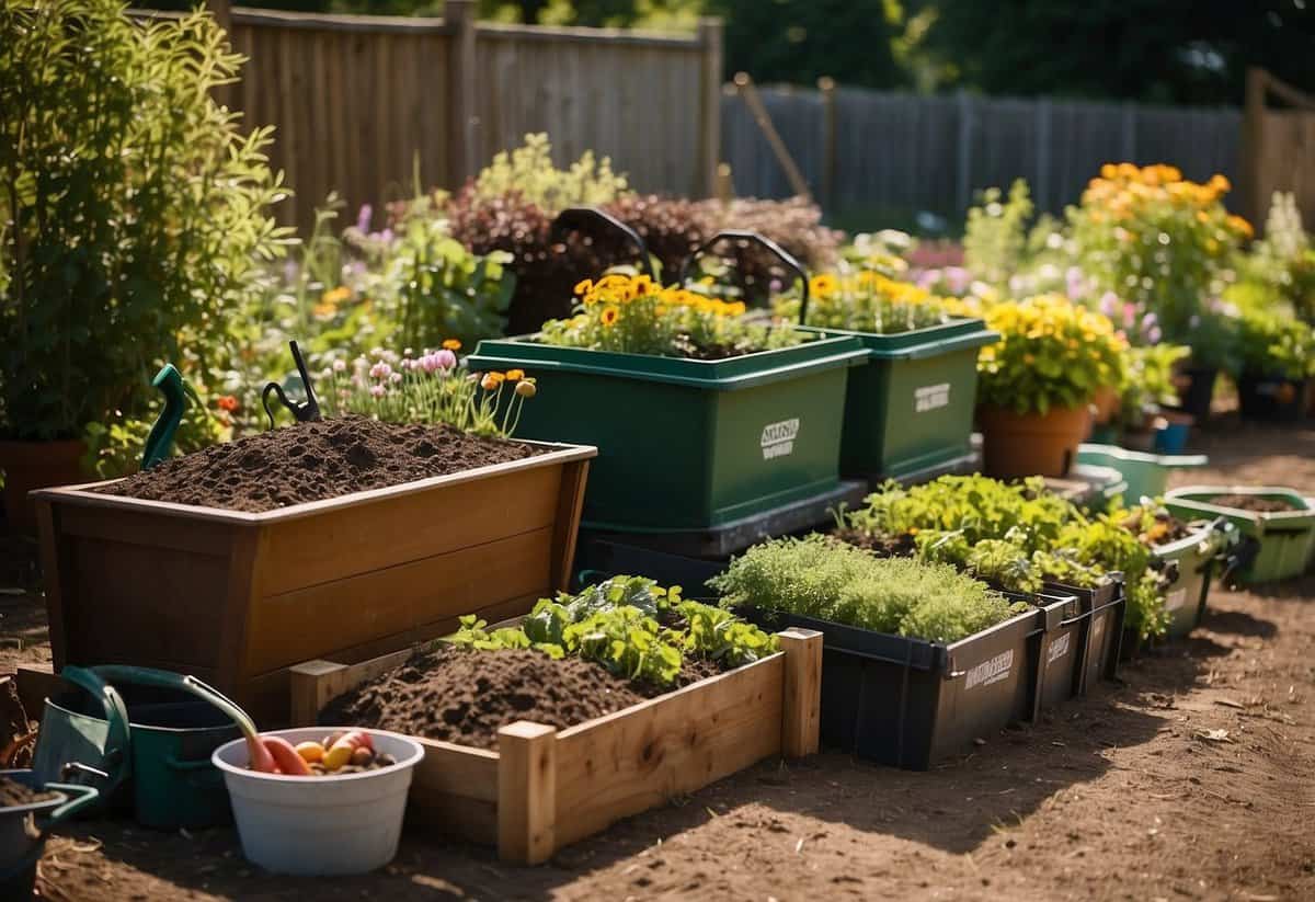 A garden with compost bins, tools, and a variety of organic materials. A sign with tips and tricks for using compost in allotments