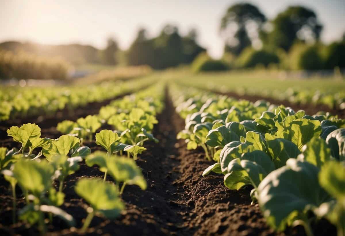 A field of various crops, with different sections being rotated annually. Tools and signs indicating tips and tricks for successful allotment gardening