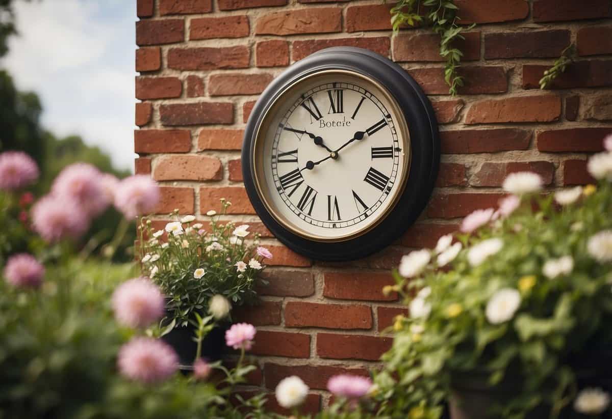 A large outdoor garden clock hangs on a brick wall surrounded by blooming flowers, lush greenery, and decorative garden ornaments