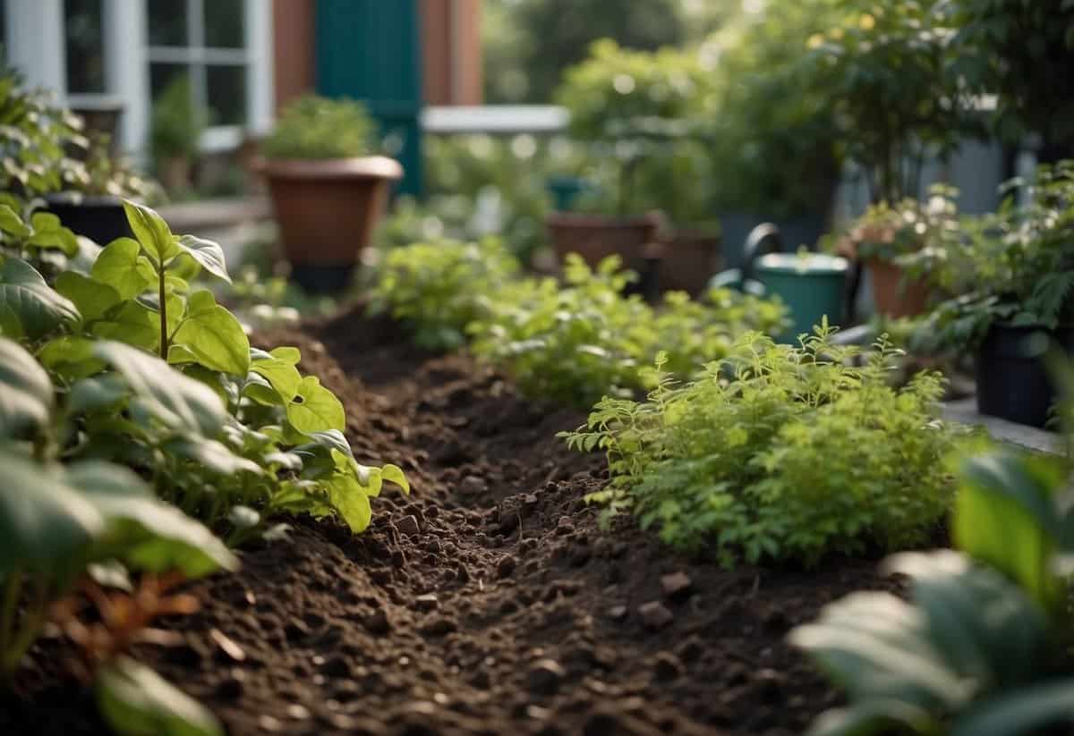 A lush garden with compost piles, thriving plants, and natural materials like leaves and twigs scattered around