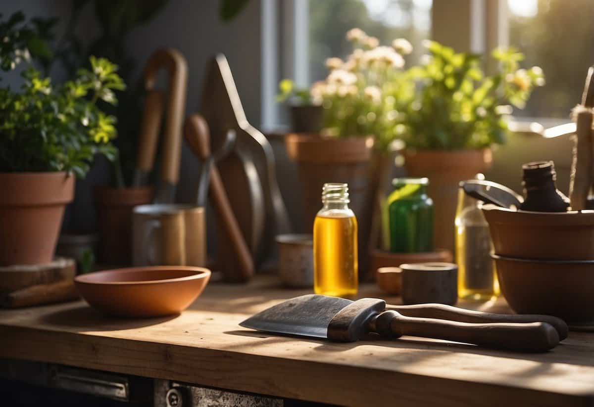 Garden tools lay on a clean, organized workbench. A bottle of oil sits nearby, ready for use. The January sun streams in through a window, casting a warm glow on the scene