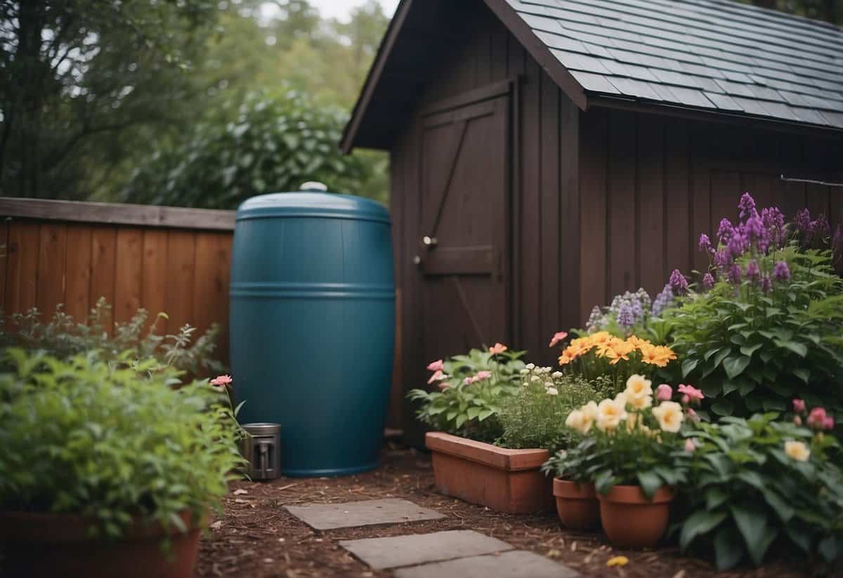 A rain barrel sits next to a garden shed. It collects water from the downspout, surrounded by winter plants and dormant flowers