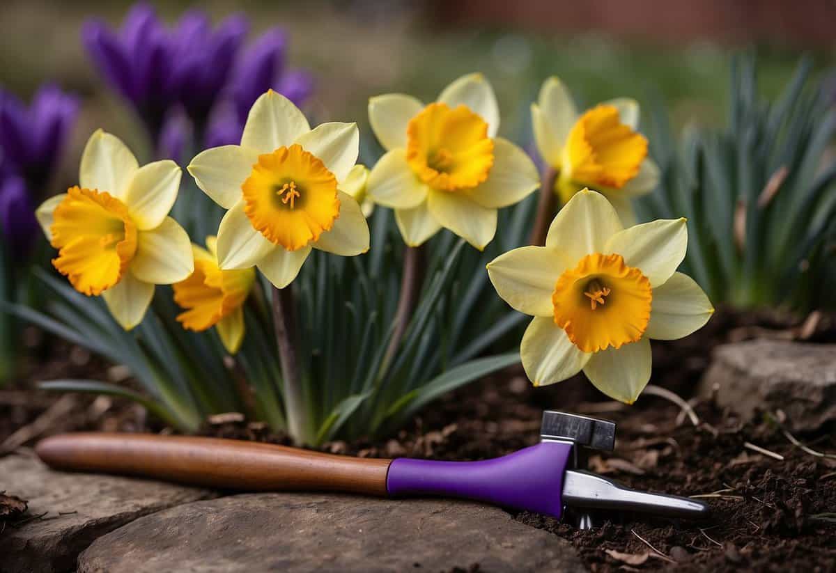 Bright yellow daffodils and purple crocuses bloom in a garden. A calendar shows "February" in the background. A gardening tool lies nearby