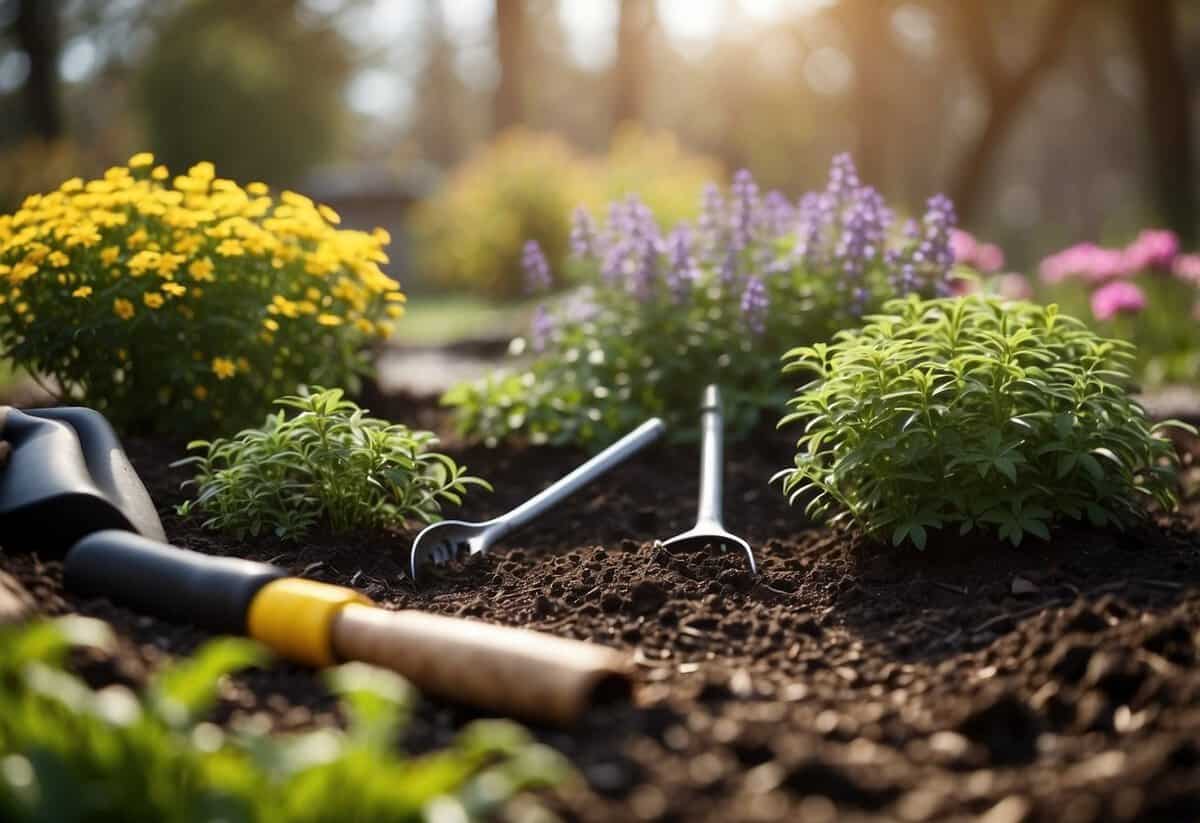 Lush garden with blooming perennials, surrounded by bare trees. Mulch covers the soil and a gardener's tools lay nearby