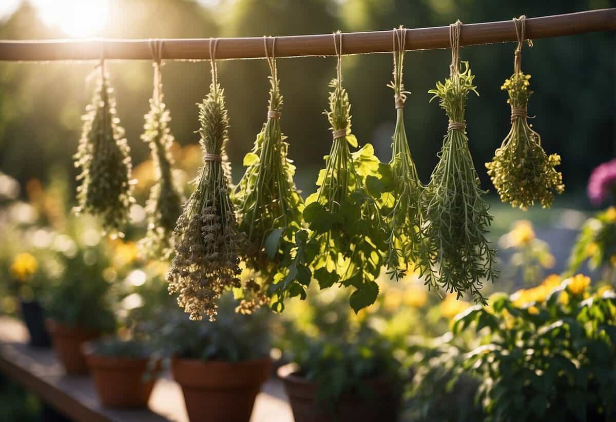 Sunlit garden scene, with a variety of herbs being harvested and hung to dry. Vibrant colors and textures