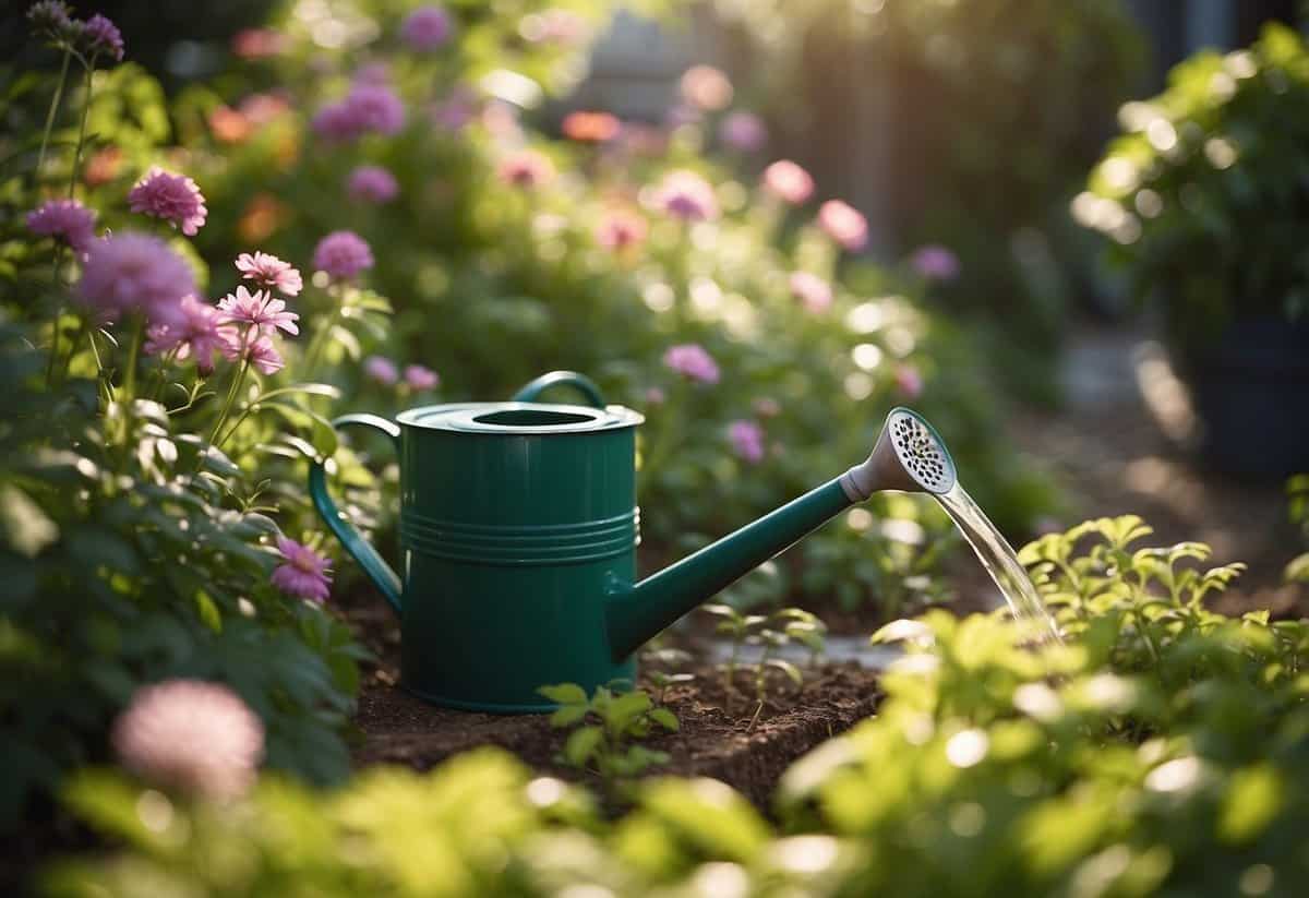 Lush green garden with a hose or watering can, drenched in sunlight, surrounded by blooming flowers and vibrant foliage