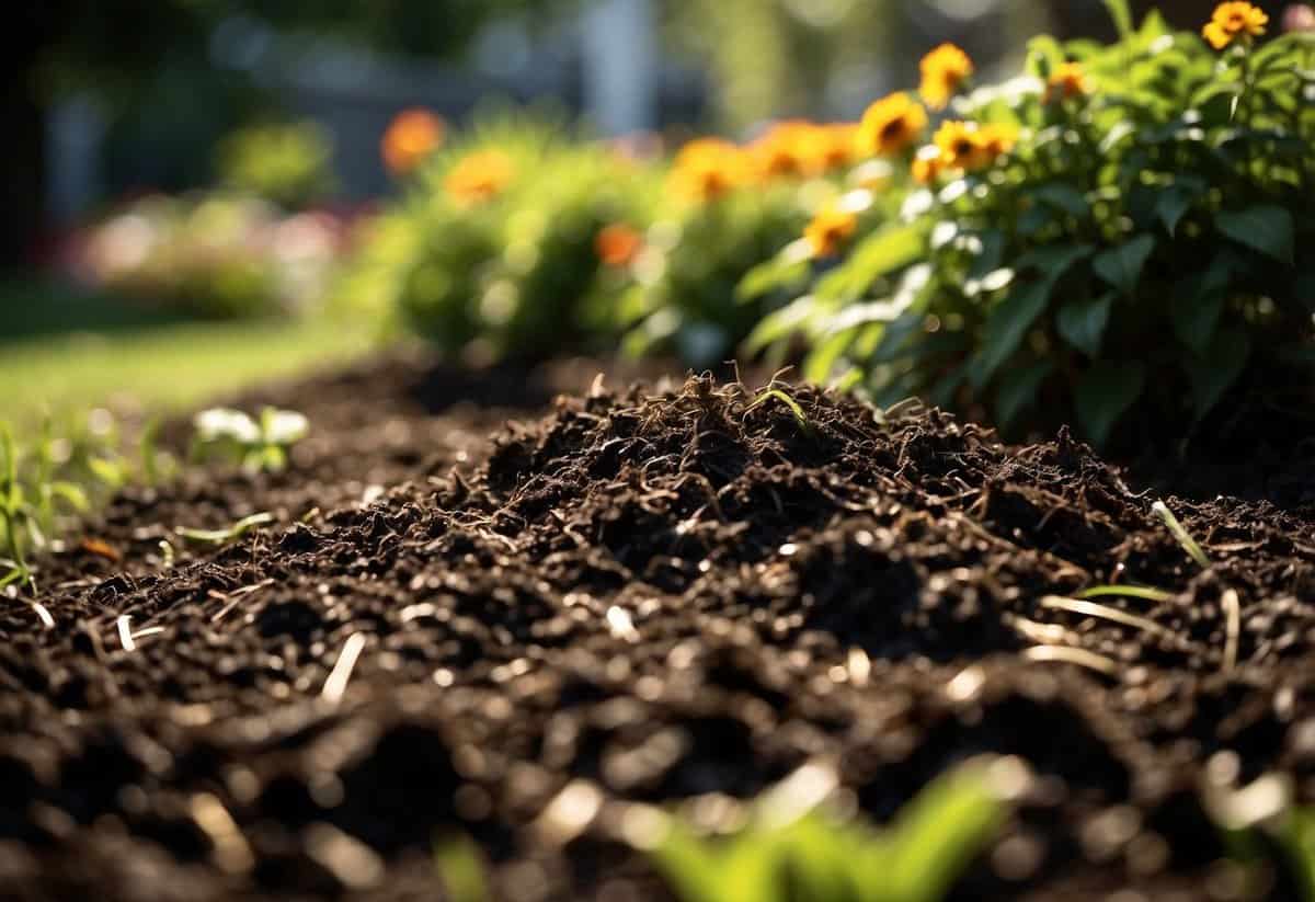 Fresh mulch is being spread over garden beds in July. The sun is shining, and colorful flowers and green foliage peek out from beneath the dark, rich mulch