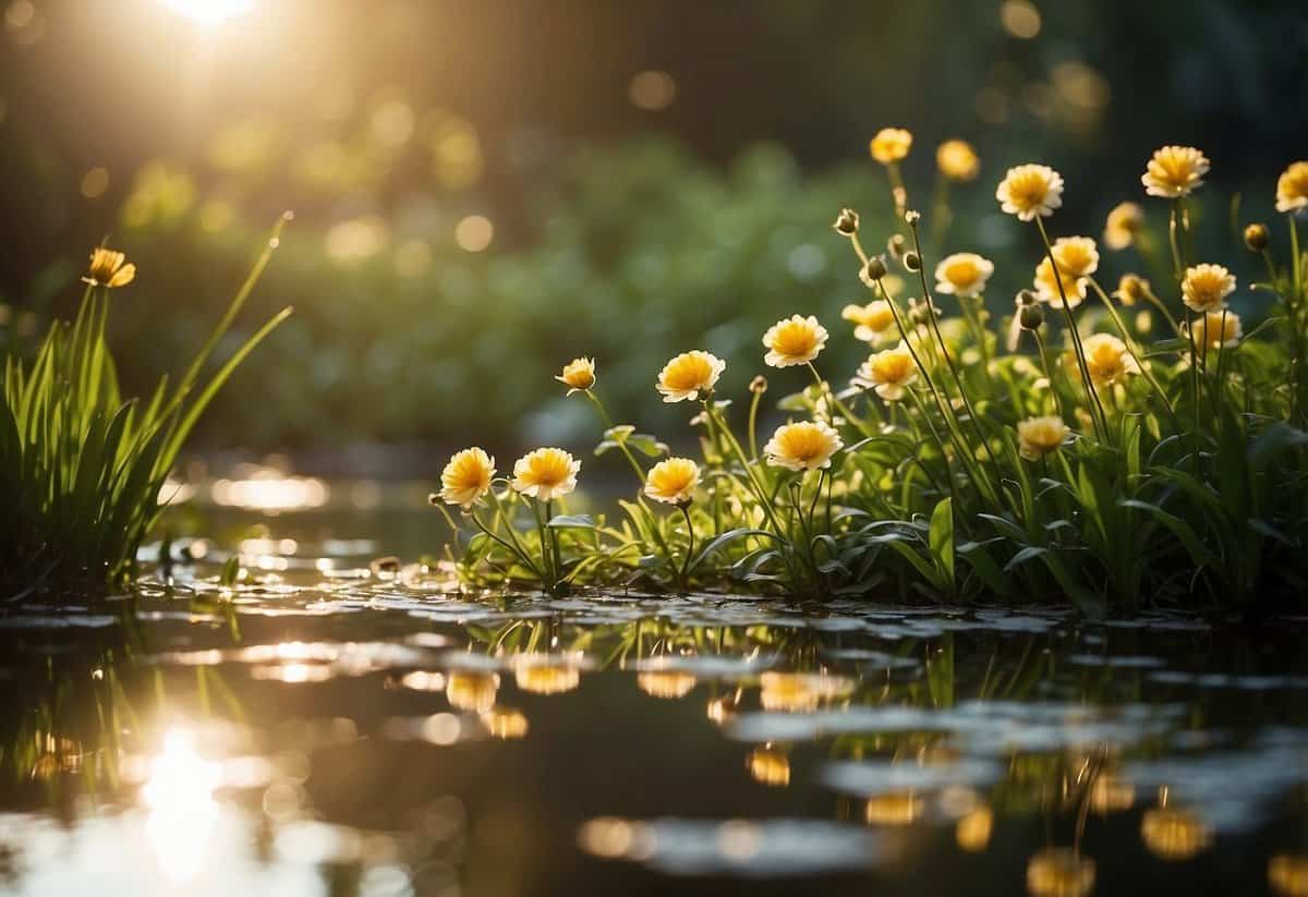 The morning sun casts a golden glow over dew-kissed flowers and lush green foliage in a tranquil garden setting. A gentle breeze ripples the surface of a serene pond, reflecting the vibrant colors of the surrounding flora