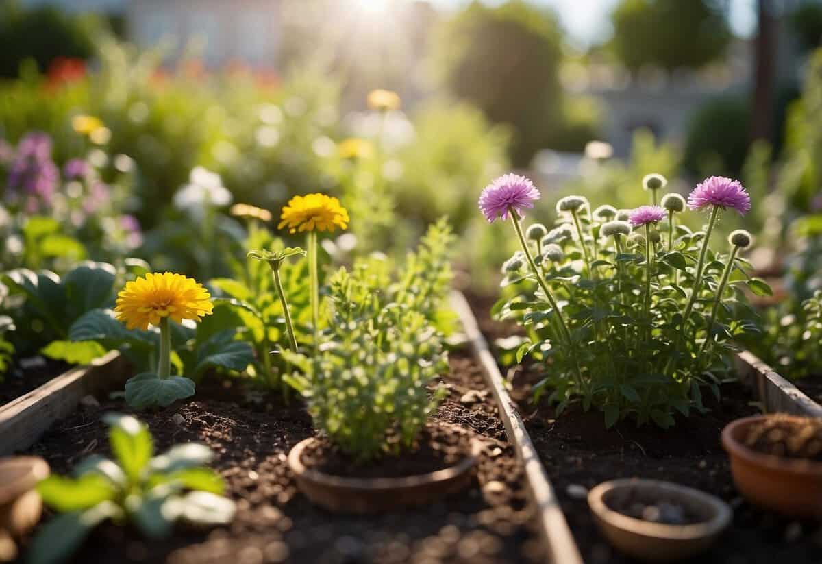 A garden with various plants, flowers, and vegetables. Some plants may show signs of pest damage. It is a sunny day with a clear blue sky