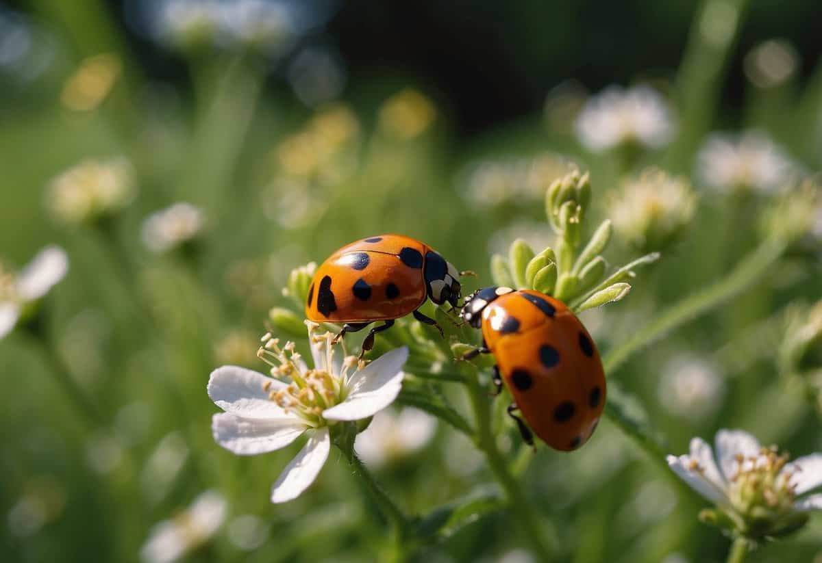 A garden filled with blooming flowers and lush greenery, with ladybugs and praying mantises scattered throughout, feasting on aphids and other garden pests