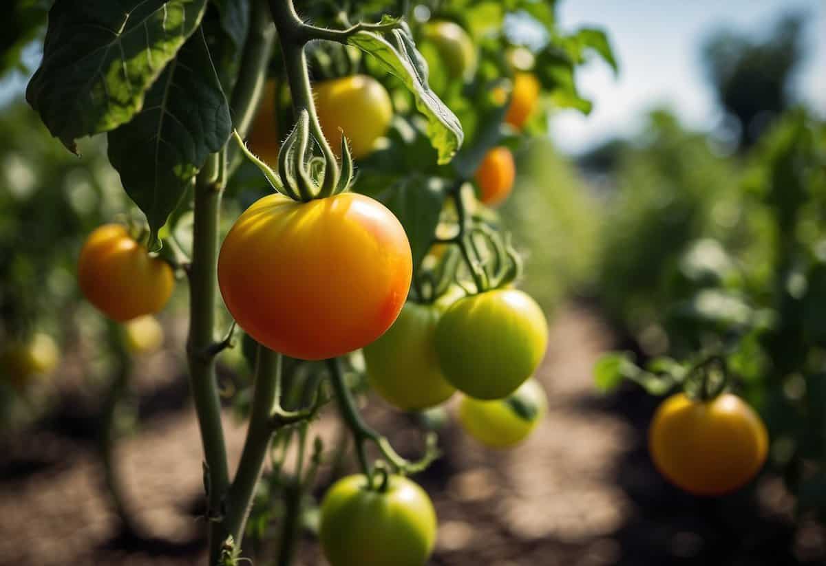 Lush green tomato plants in a garden, with vibrant red and yellow tomatoes hanging from the vines. Some leaves show signs of disease