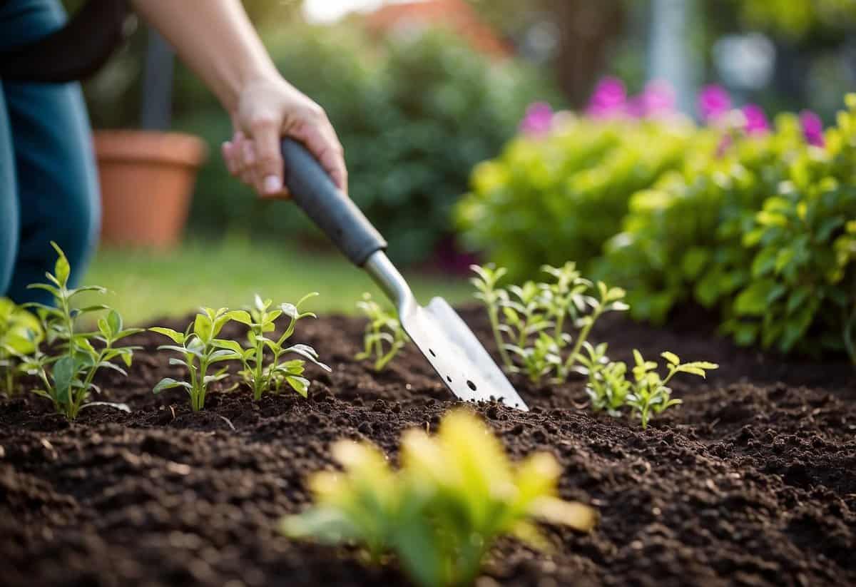 Garden beds being refreshed with new mulch, tools scattered nearby. Plants peeking through the fresh layer, adding a pop of color to the scene