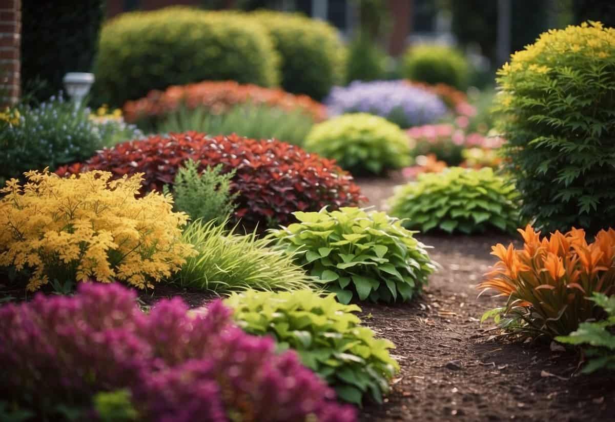 Lush garden bed with mulch, colorful perennials, and October foliage