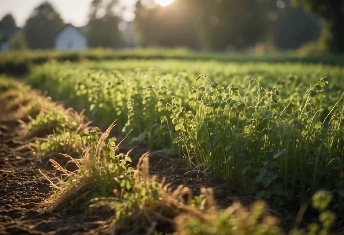 Lush green cover crops blanket the garden beds in October, enriching the soil and preventing erosion. A variety of plants, such as clover and rye, create a vibrant and diverse scene