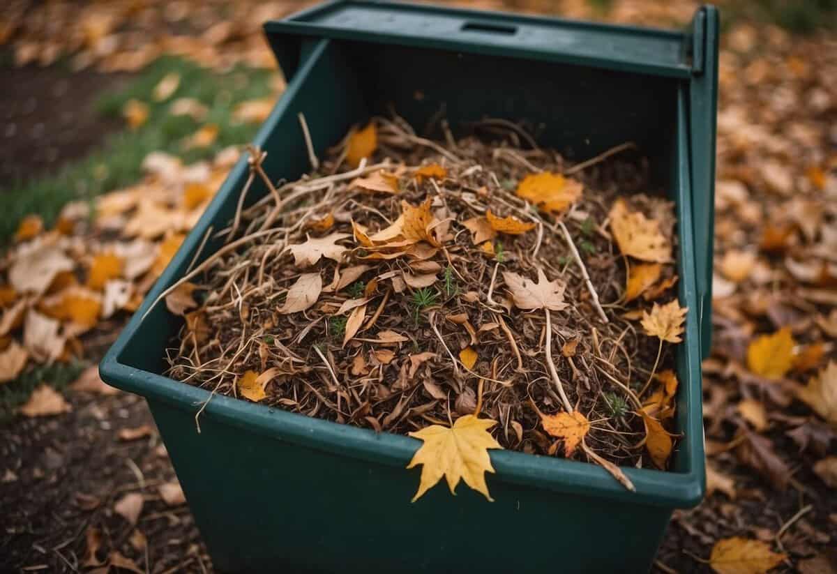 A pile of garden debris sits in a compost bin surrounded by autumn leaves and fallen branches. Nearby, a gardener prepares to turn the compost for October garden maintenance