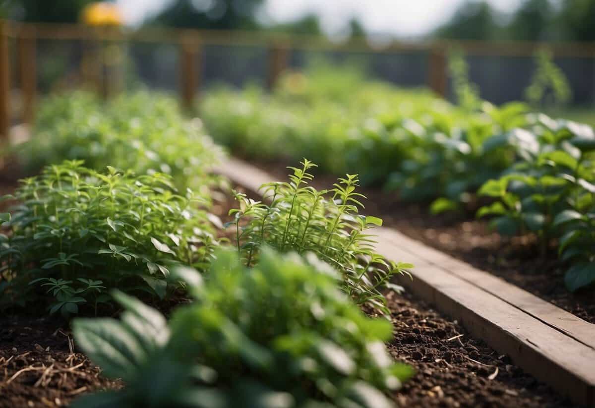 Lush garden with delicate plants shielded from harsh weather, surrounded by protective barriers and covered with mulch