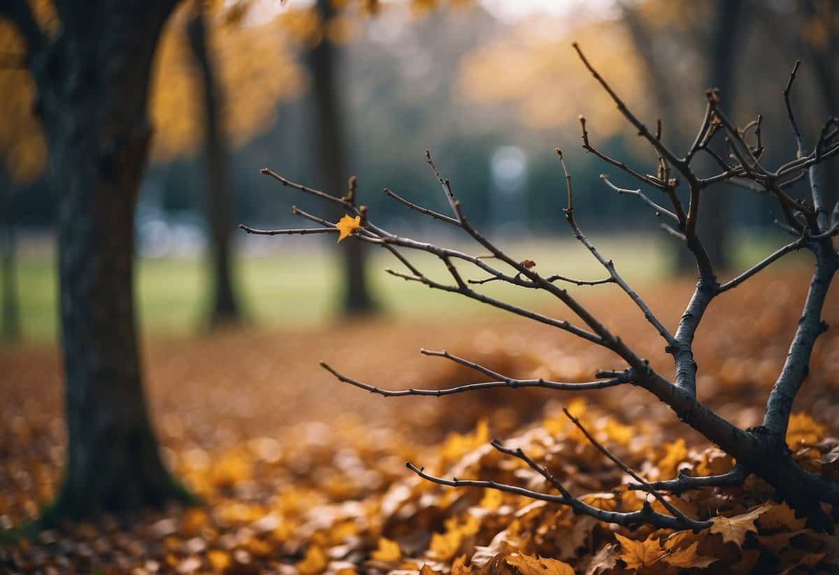 Dormant trees are pruned in a peaceful November garden, with fallen leaves scattered around