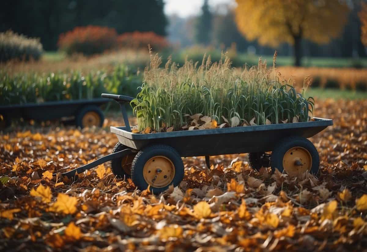 A garden with colorful late crops being harvested in November, surrounded by fallen leaves and a hint of frost in the air