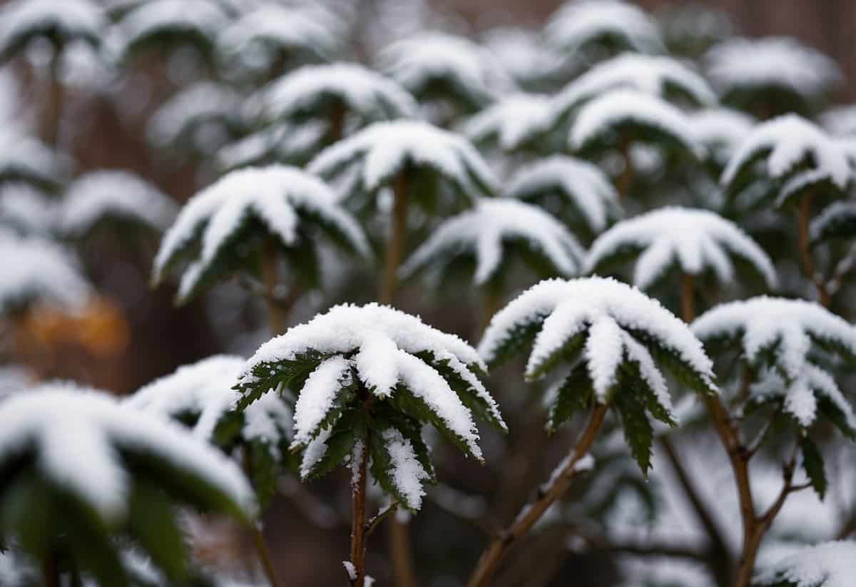 Delicate shrubs shielded from harsh winter winds, surrounded by protective mulch. Snow lightly dusts the garden, creating a serene and peaceful scene