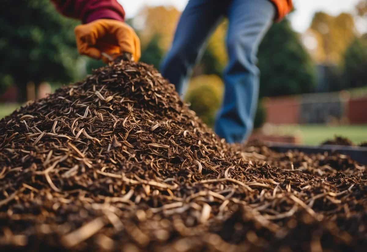 Fresh mulch is being spread over garden beds, enhancing the soil and protecting plants. It's December, and the garden is being prepared for the winter months