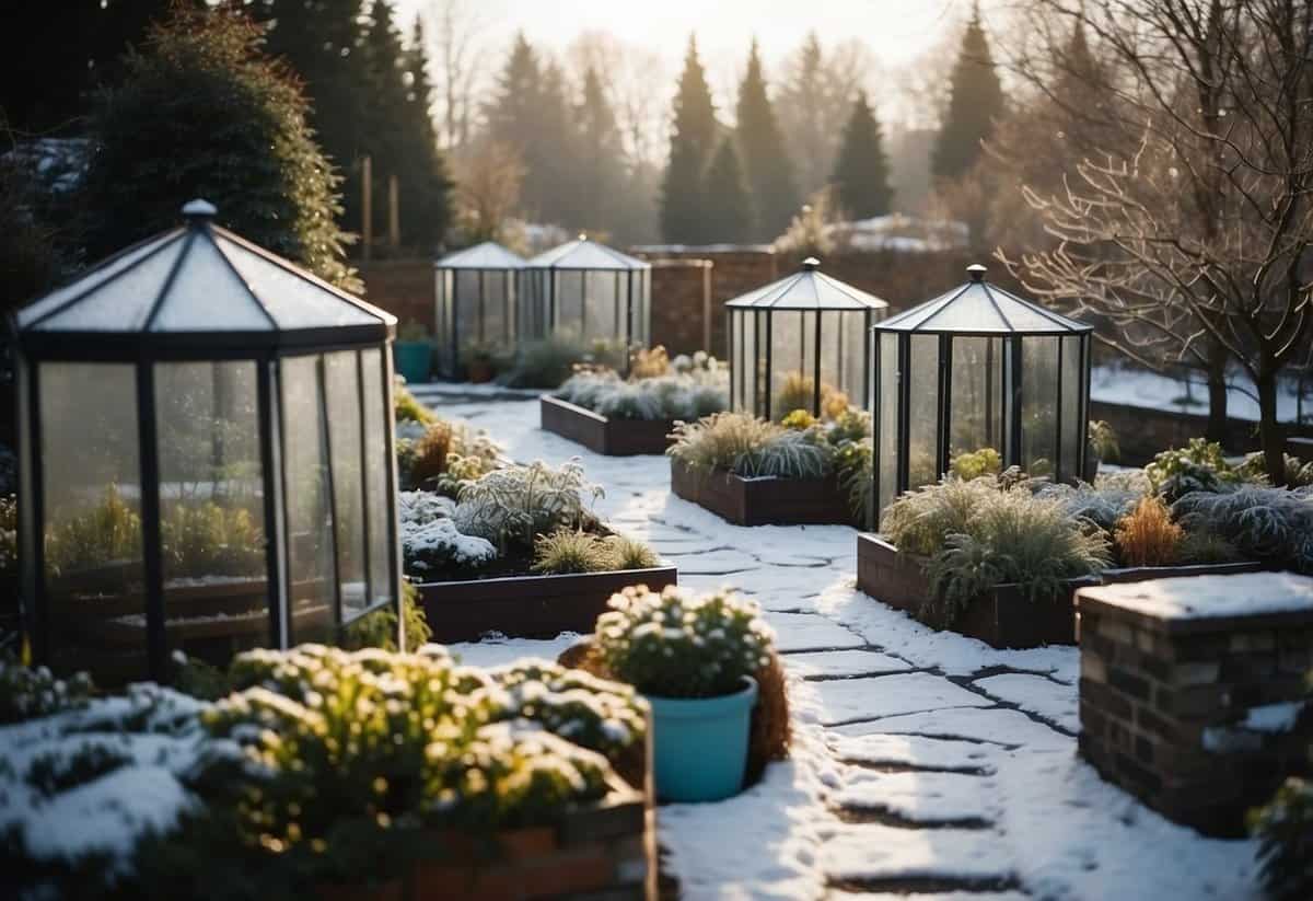 A garden in December with cold frames installed, surrounded by winter plants and covered with frost